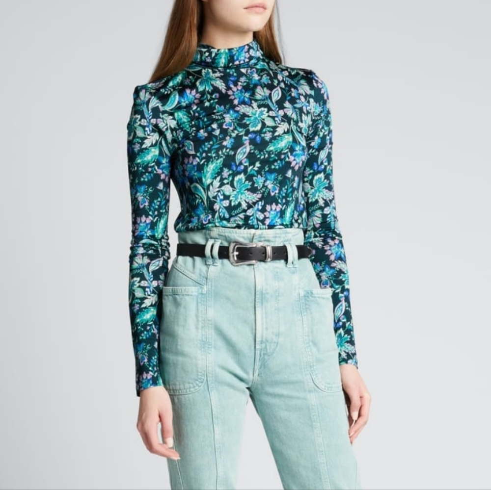 Isabel Marant Étoile Jewel Green Floral Turtleneck Blouse | Women’s Size 4 Light